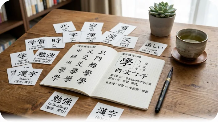 木製の机の上に置かれたフラッシュカード、筆ペン、そして漢字の構造分解が書かれたノート。傍らには緑茶のカップがある。