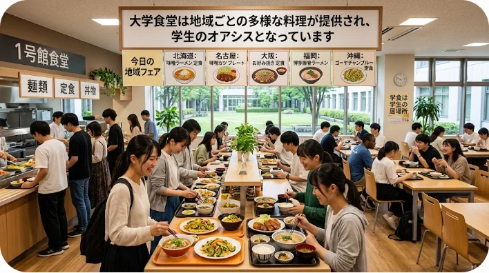 豊富なメニューが並ぶ活気ある大学食堂で食事を楽しむ学生たち