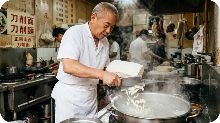 伝統的な厨房で職人が専用の刃を使って小麦粉の塊から刀削麺を削り出している様子