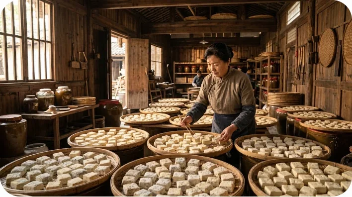 活気あふれる火鍋の食事風景。野菜や肉をスープに入れ、横には腐乳を使ったつけダレが置かれている