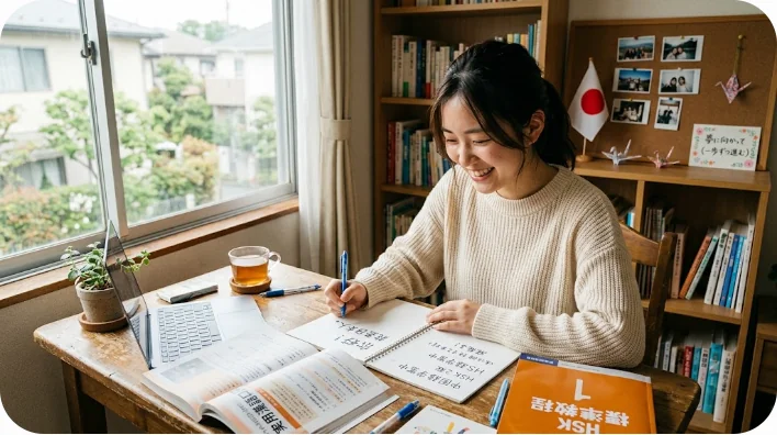 真剣にノートに向かい中国語を学習している東アジア人女性