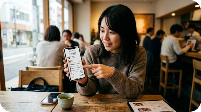 レストランのテーブルでスマートフォンを使いQRコードをスキャンして注文している様子