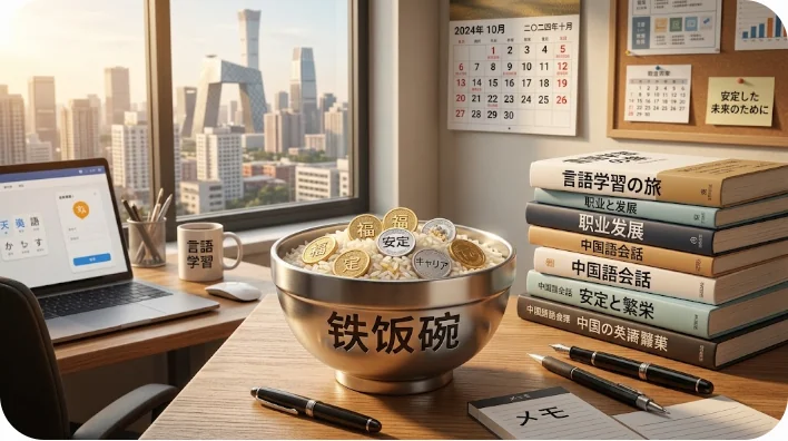 オフィスのデスクの上に置かれた金属製のお茶碗と本。中国における安定した職業(鉄飯碗)を象徴している。