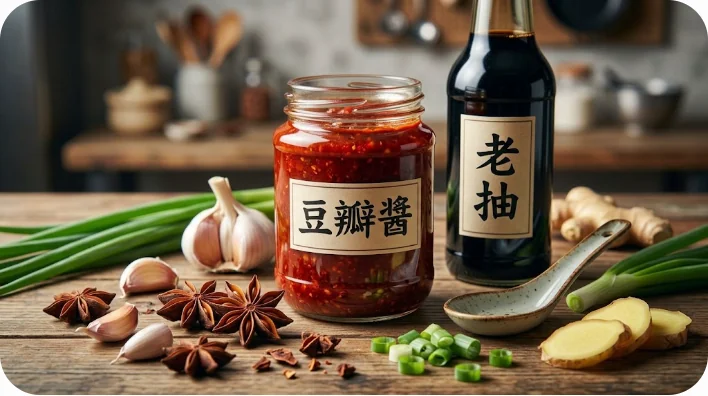 木製のテーブルに並べられた豆板醤、醤油、八角、ニンニクなどの中国調味料と新鮮な食材