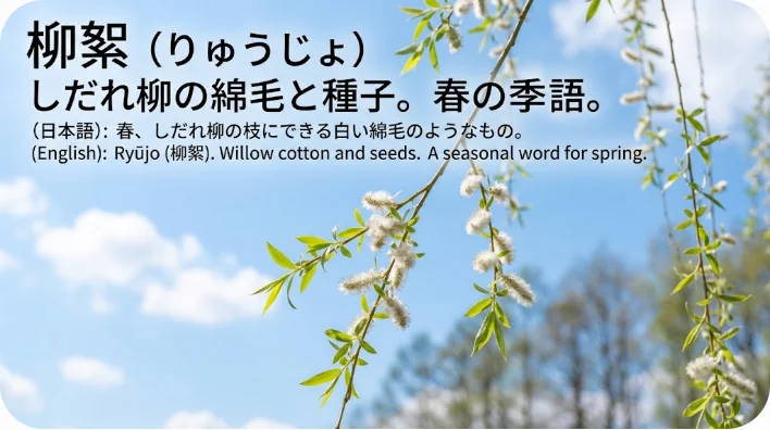 青空を背景にした緑の葉と白い柳の綿毛のクローズアップ