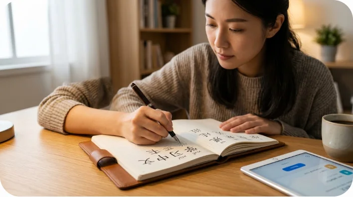 カフェで中国語を学習する女性