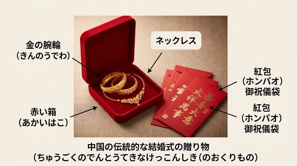 赤いベルベットの箱に入った金色のブレスレットやネックレスなどの伝統的な中国の結婚祝いと紅包
