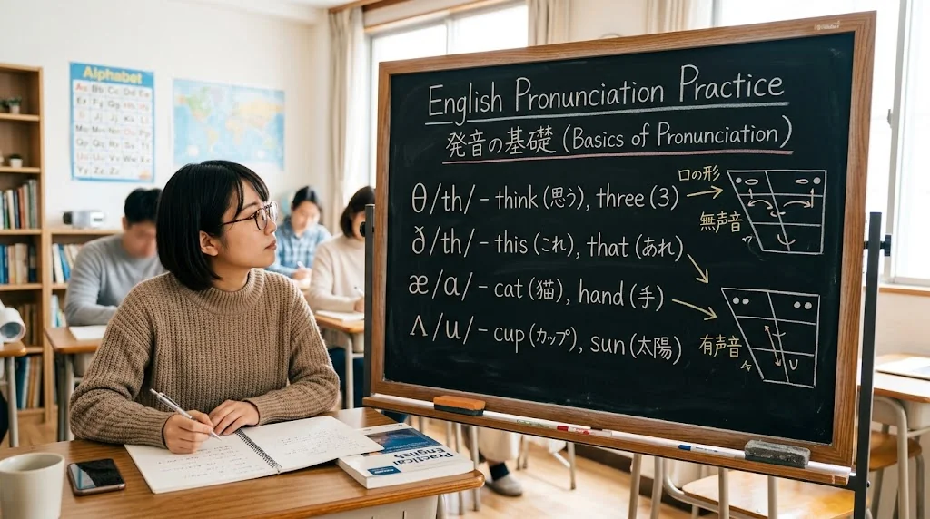 黒板の前でピンインと発音記号を見ながら学習する様子