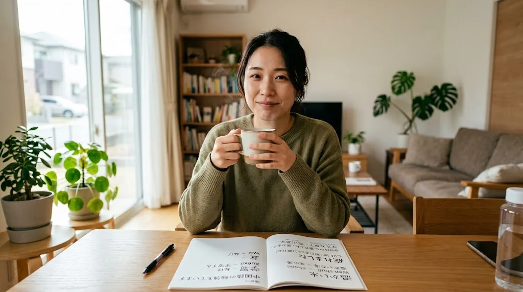 リビングで温かいお湯を飲みながら中国語を勉強し、少し疲れているがほっとしているアジア人女性