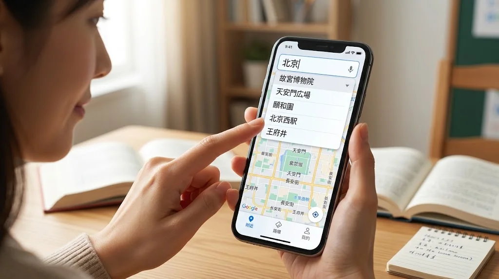 地図アプリの中国語検索画面を表示したスマートフォンの操作イメージ