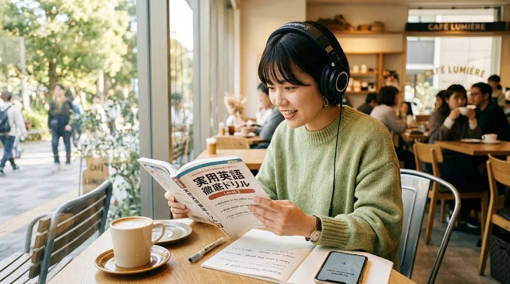 明るいカフェでテキストを開き、ヘッドホンで音声を聞きながら発音練習に集中する学習者の姿