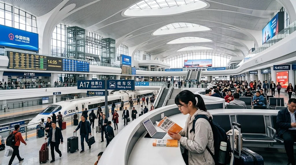 中国の主要な鉄道駅の内部にある、広大で未来的な待合室