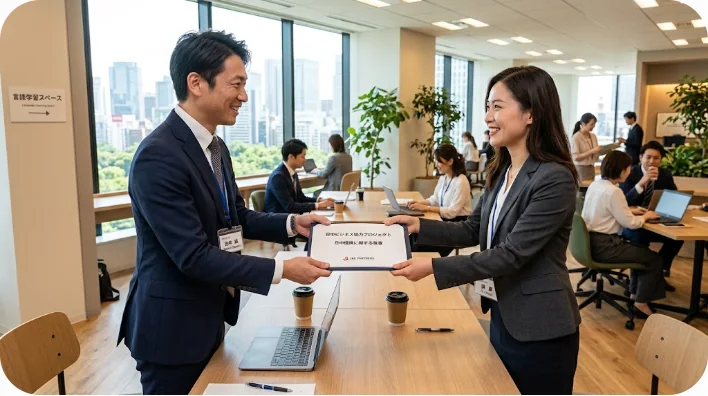 温かい笑顔で書類を交わす日本人と中国人のビジネスパーソン