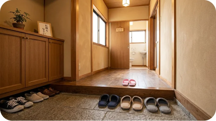 日本の家の玄関と、トイレの前に置かれた専用スリッパ