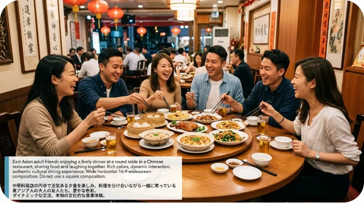 中華料理店の円卓で食事を分け合いながら楽しそうに笑い合う東アジア人の友人たち