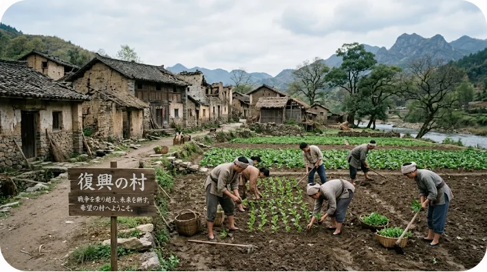 戦争から復興しつつある古代中国の農村で、若者たちが畑を耕している様子。
