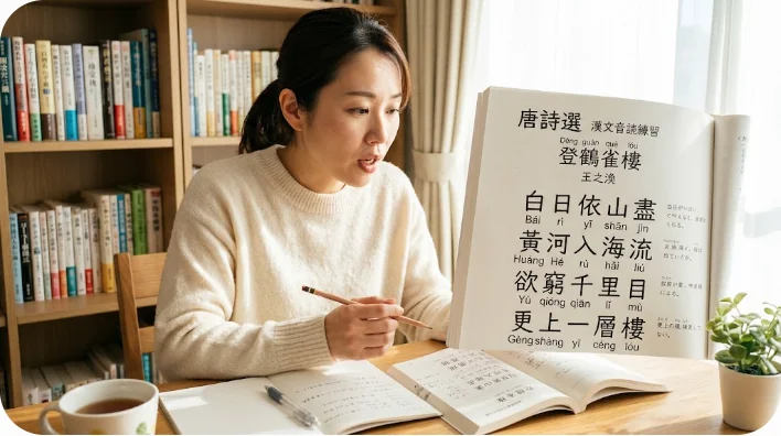 木の机の上に置かれた古代中国の竹簡と、現代のノート、一杯のお茶。歴史と現代の語学学習の融合。