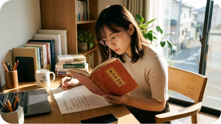 木製の机に座り、中国古典文学の本を読むことに深く集中している東アジア人の若い学習者の様子