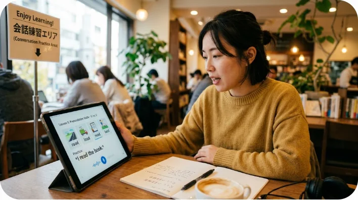 明るいカフェでタブレットを見ながら発音の練習をする学習者の姿