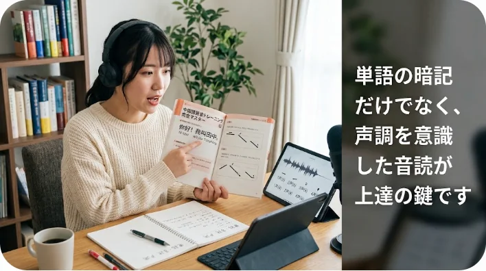 木製の机でテキストとノートを開き、ピンインや漢字を丁寧に書き取りながら学習を進める大人。