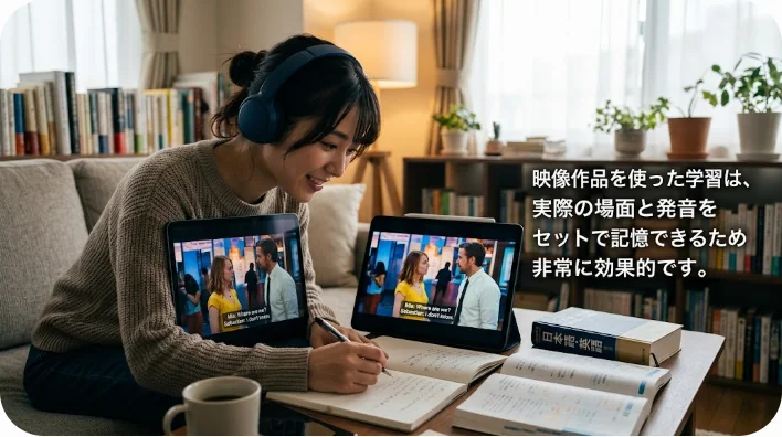 デスクに座り、ノートパソコンでカラフルなファンタジー番組を見ながらノートにメモを取る東アジアの大人