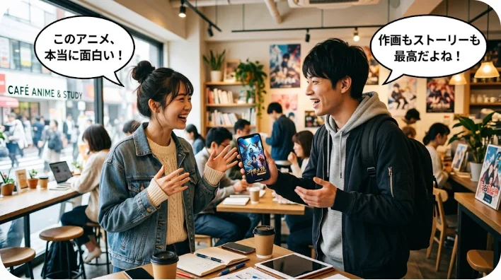 カフェで中国アニメについて語り合う男女