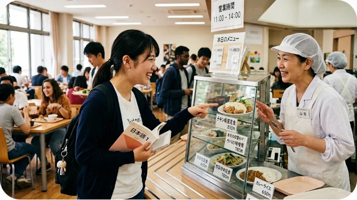 食堂のショーケースの料理を指差し、食堂のスタッフとコミュニケーションをとる東アジア人の留学生。