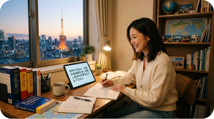 よく整頓された明るい木の机で、東アジア系の学習者がテキストとスマートフォンを使って笑顔で中国語を学習しており、前向きな未来への計画と継続的な学習意欲を感じさせる情景。