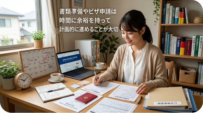 パスポートを手にスーツケースへ荷物を詰めている中国留学の準備をする学生