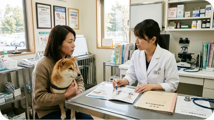 近代的な動物病院で獣医師と保護猫の治療方針を相談する様子