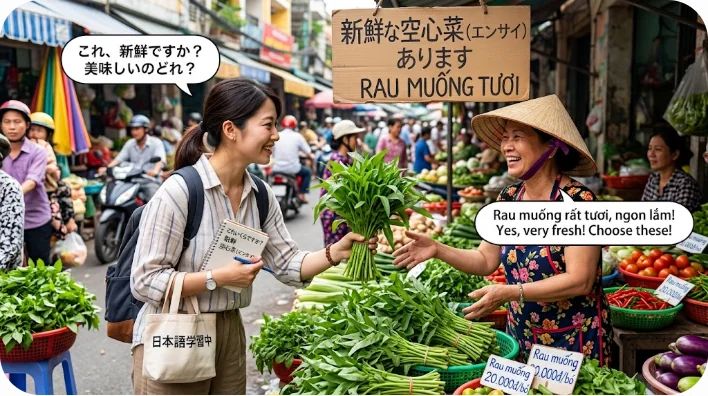 中国の野菜屋台で新鮮な空心菜の束を指差し、地元の店員と話している様子