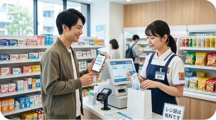木製のテーブルに配置された魔法瓶、スキンケア用品、個包装の抹茶菓子、日本の目薬などの人気のお土産