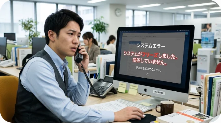 ノートパソコンとマウス、キーボードが整然と置かれたオフィスのデスク