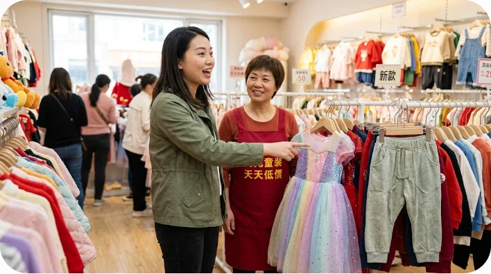 伝統的な幼児服と現代的な紙おむつが対比されている中国の明るいマンション室内の様子