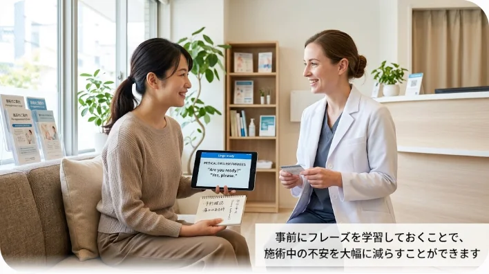 デスクに向かいノートに鍼灸用語を書き込む学習者とスマートフォンの語学アプリ