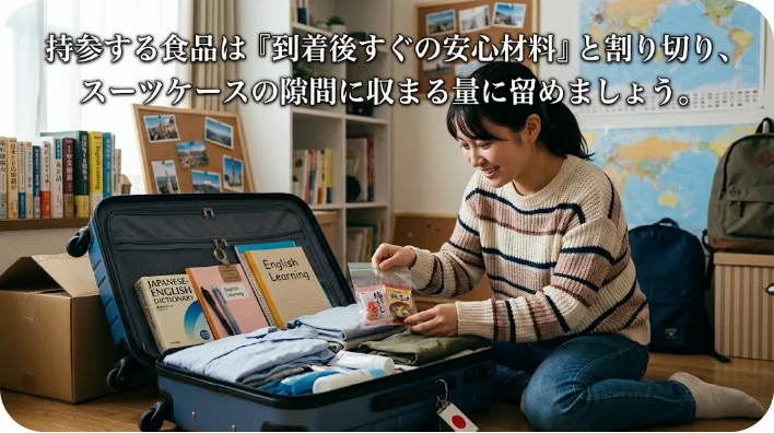 スーツケースの中に衣類に囲まれて綺麗にパッキングされた少量の乾燥食品類