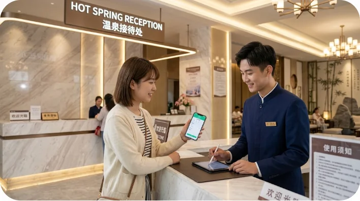 中国の近代的な温泉施設のフロントでスマートフォンを見せながら受付をする旅行者