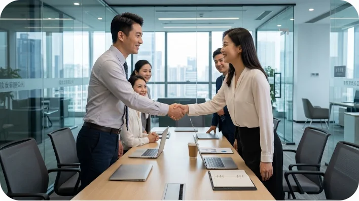 近代的な中国のオフィスでの専門的なビジネス会議、握手をする東アジア人のビジネスパーソン