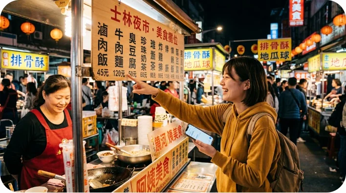 夜市で台湾の店主と交流する旅行者
