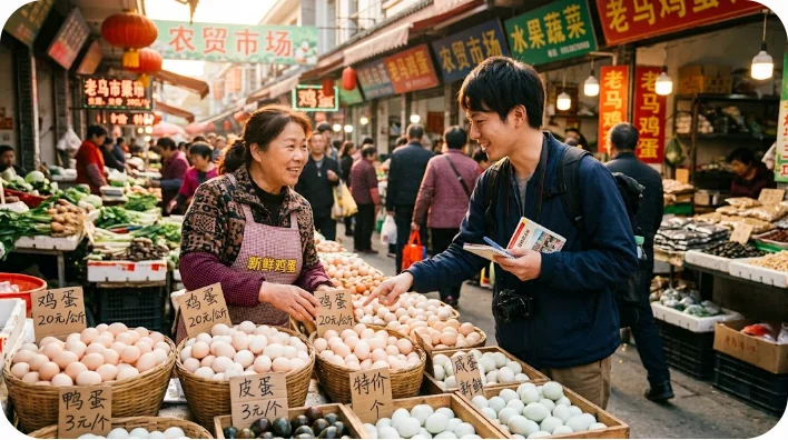 中国の食品市場で、陳列されている卵について親切な地元の店員に尋ねている日本人旅行者、温かい色合い