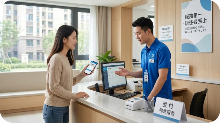 近代的な管理事務所(物业)で、若い女性住民がスマートフォンの画面を見せながら制服を着た管理スタッフに相談をしている様子