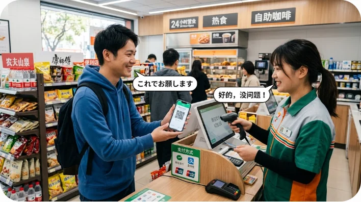 スマートフォンで決済アプリを確認しながら中国語を学習している大人の様子