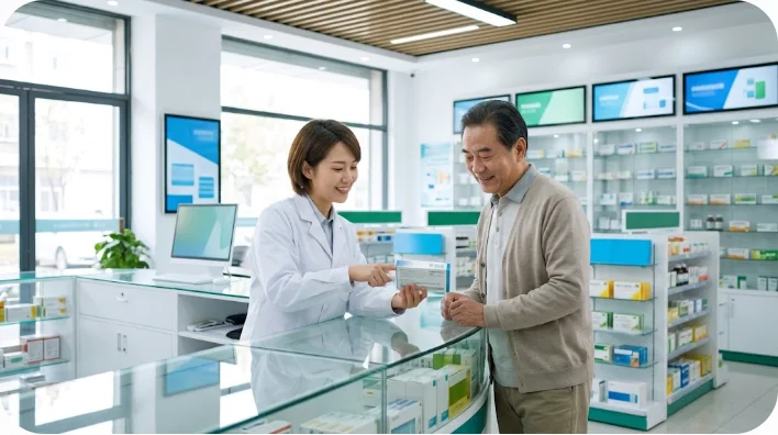中国の薬局で薬剤師と客がコミュニケーションをとっている様子