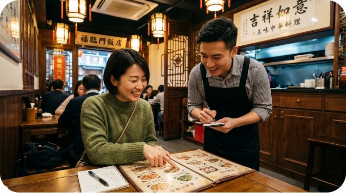 中華料理店で店員とメニューを見ながら笑顔で会話する学習者