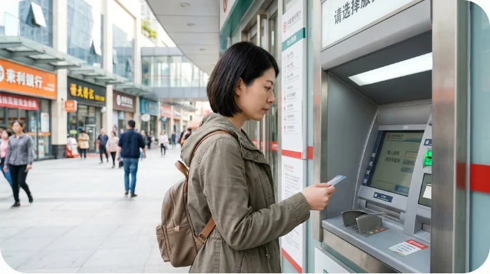 中国の街中で旅行者が銀行のATMを操作している様子
