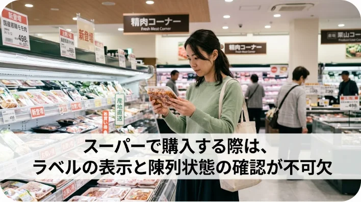 整然と並べられたスーパーの冷蔵寿司コーナーと、ラベルの表記