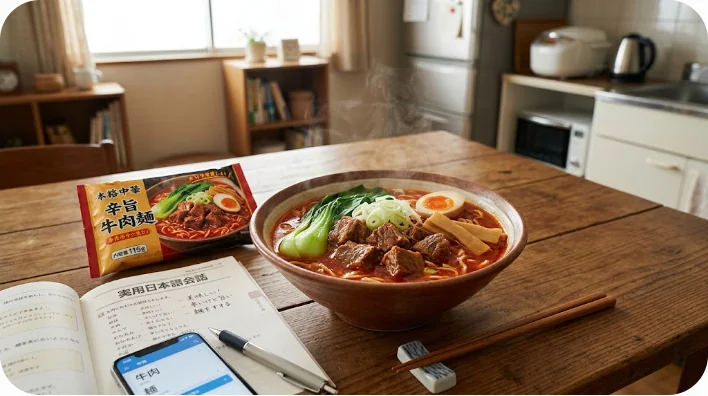 中国のインスタントラーメンのパッケージ裏面にある製造日と原材料表示を確認する様子