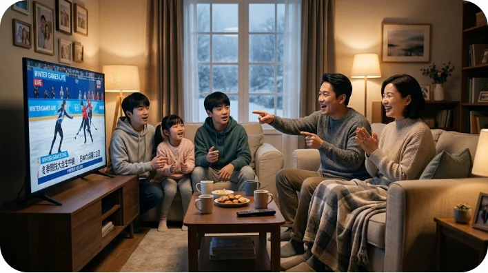 東アジアの家族がテレビでウィンタースポーツのイベントを観戦し、ソファで応援している様子