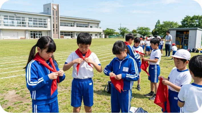 体育の授業の前に赤い三角形のスカーフを慎重に外している東アジアの小学生たち