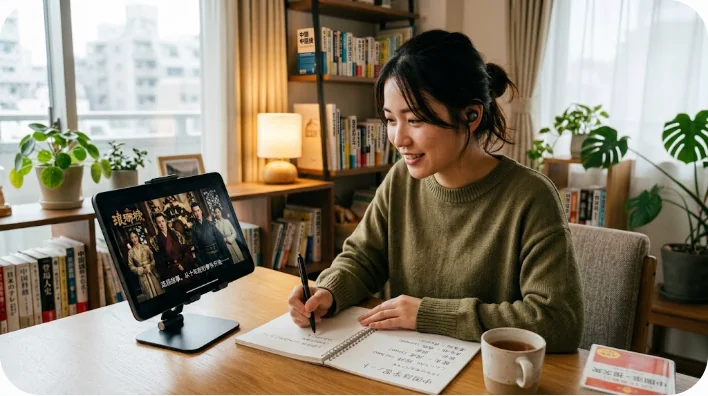 タブレットで中国ドラマを見ながらノートにメモを取る学習者